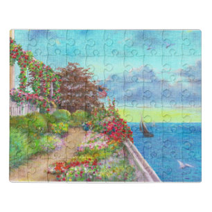 Beach House Garden with Sailboat Jigsaw Puzzle