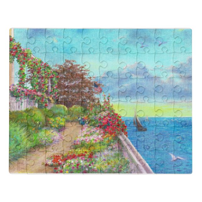 Beach House Garden with Sailboat Jigsaw Puzzle (Puzzle Horizontal)