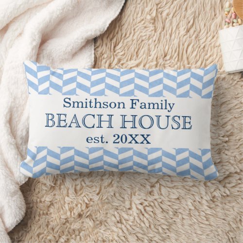 Beach House Herringbone Blue White Custom Name Lumbar Pillow