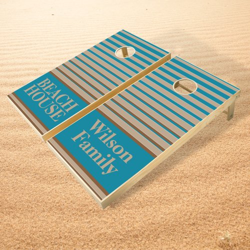 Beach House Horizontal Stripes Brown  Blue Cornhole Set