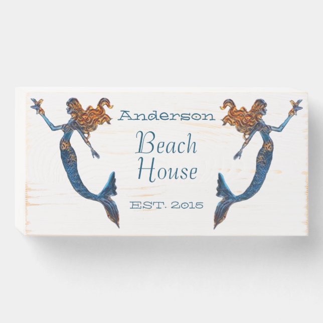 Beach House Mermaid Personalized Est. Year Wooden Box Sign (Front Horizontal)