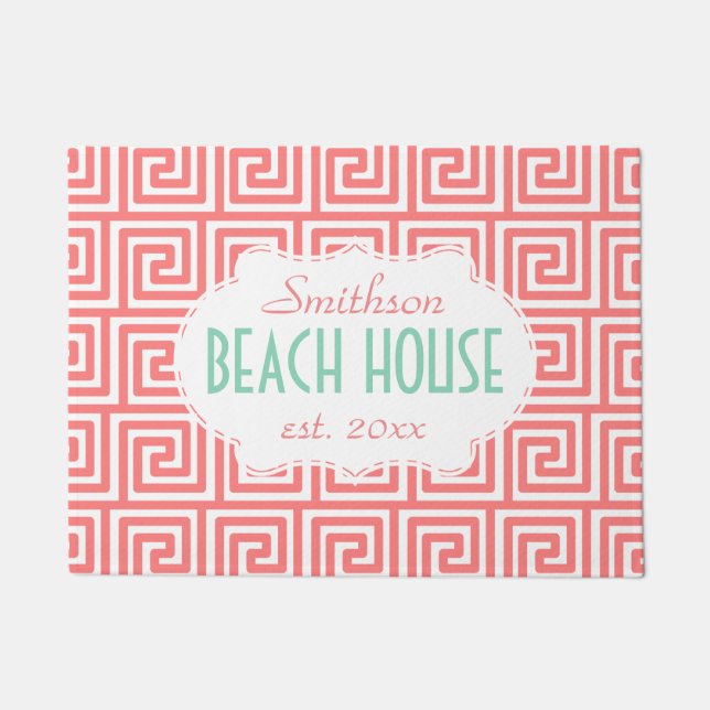 Beach House Mint Coral Key Nautical Deco Custom Doormat (Front)