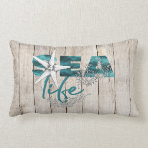 Beach house modern sea life typography barn wood lumbar pillow