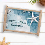 Beach house modern starfish family personalized serving tray<br><div class="desc">Modern trendy summer vibes coastal beach cottage decorative family personalized serving tray featuring an under ocean inspired modern hand-drawn white starfish pattern over an aqua blue background.            Perfect for your summer home!</div>