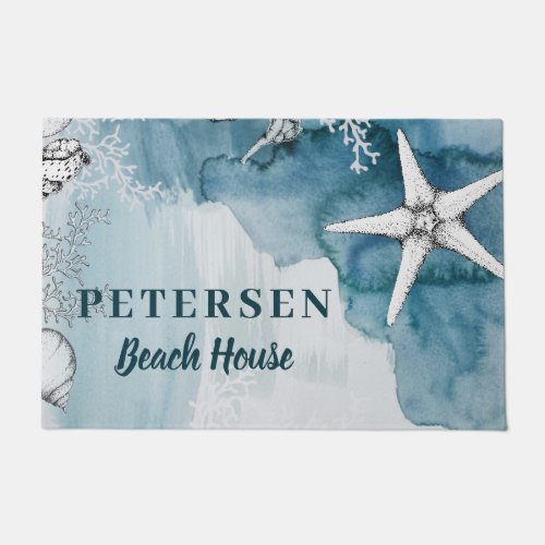 Beach house modern white starfish family name doormat