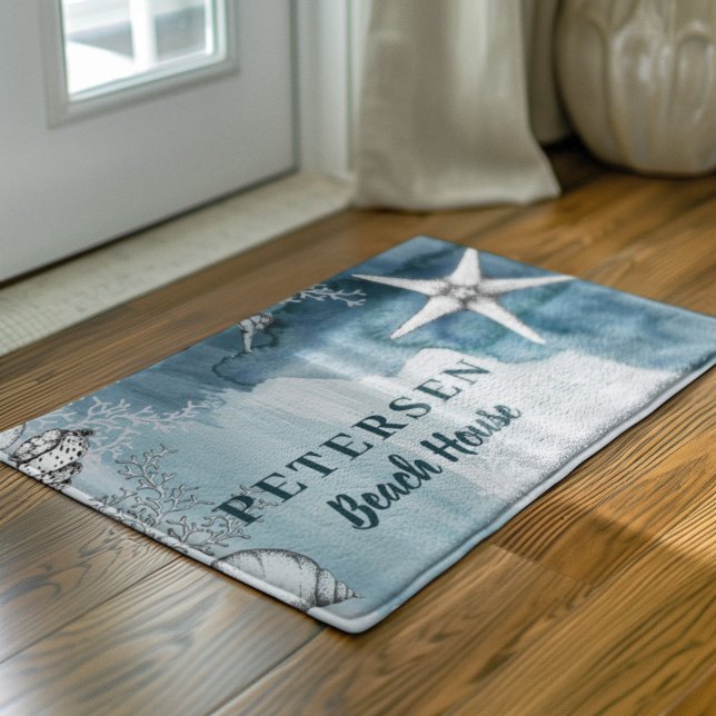 Beach house modern white starfish family name doormat (Creator Uploaded)