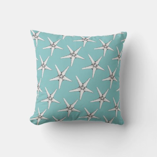 Beach house modern white starfish patterned blue throw pillow