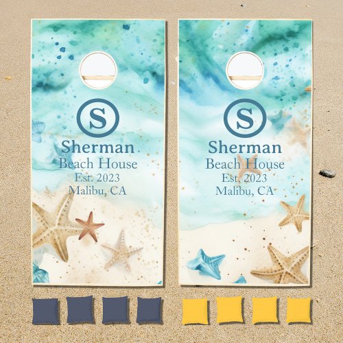 Beach House Monogram Starfish Teal Ocean Glitter Cornhole Set
