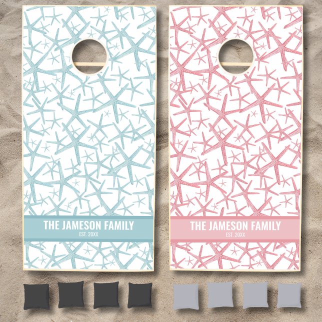 Beach House Name Family Cornhole Set (Name Teal Pink Starfish Summer Family Beach House Cornhole Set)
