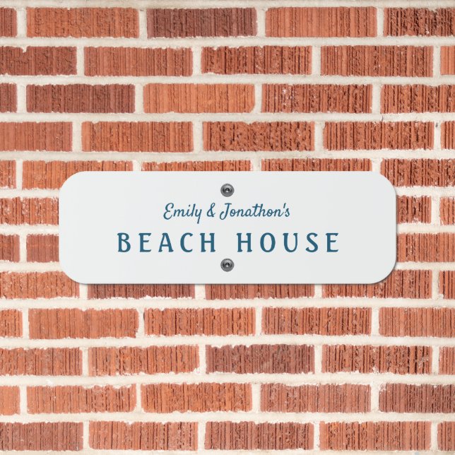 Beach House Name Turquoise Typography White Metal Sign (In Situ(Brick))