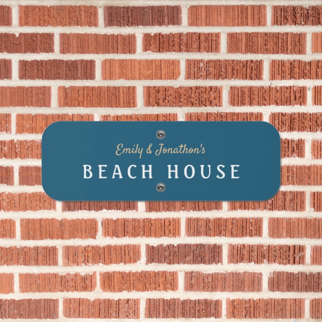 Beach House Name Typographical Turquoise Metal Sign (In Situ(Brick))