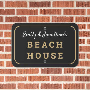 Beach House Name Typography Gold White Black Metal Sign