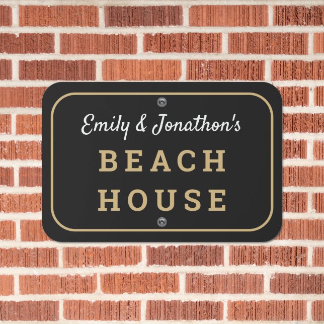 Beach House Name Typography Gold White Black Metal Sign (In Situ(Brick))