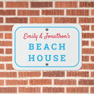 Beach House Name Typography Red Blue Metal Sign
