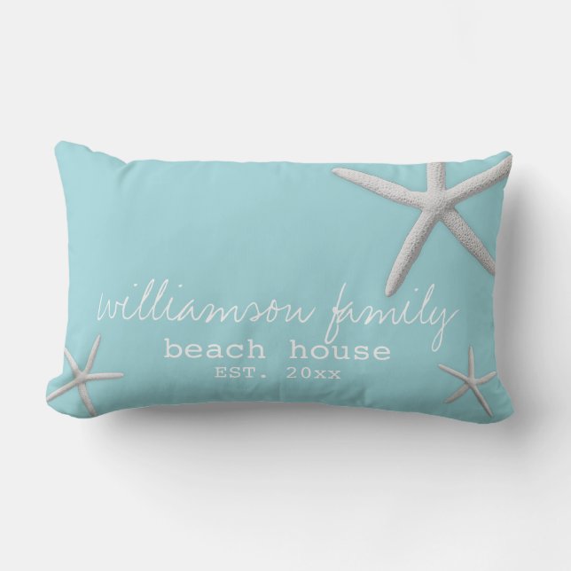 Beach House Name & Year Coastal Sea Blue Lumbar Pillow (Front)
