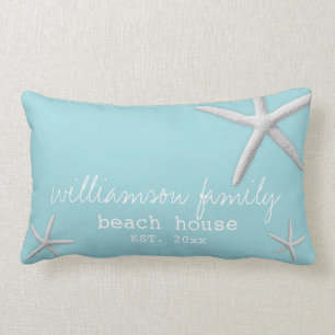 Beach House Name & Year Coastal Sea Blue Lumbar Pillow