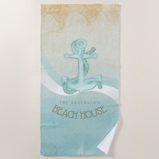 Beach House Nautical Anchor and Rope Aqua ID623 Beach Towel (Front)
