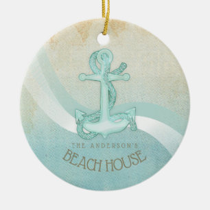 Beach House Nautical Anchor and Rope Aqua ID623 Ceramic Ornament