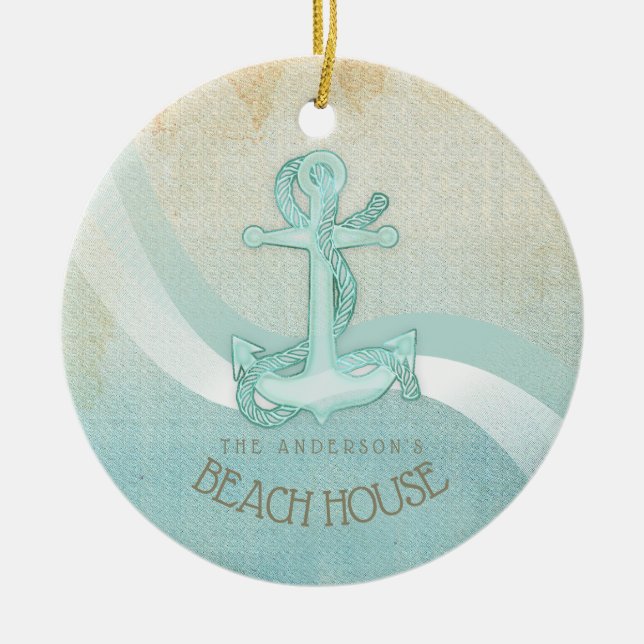 Beach House Nautical Anchor and Rope Aqua ID623 Ceramic Ornament (Front)
