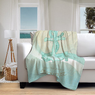 Beach House Nautical Anchor and Rope Aqua ID623 Fleece Blanket