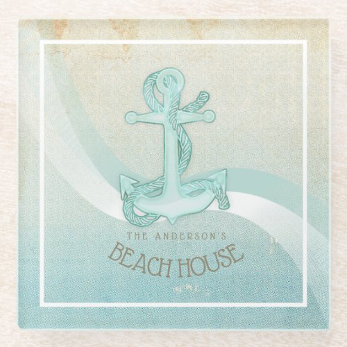 Beach House Nautical Anchor and Rope Aqua ID623 Glass Coaster