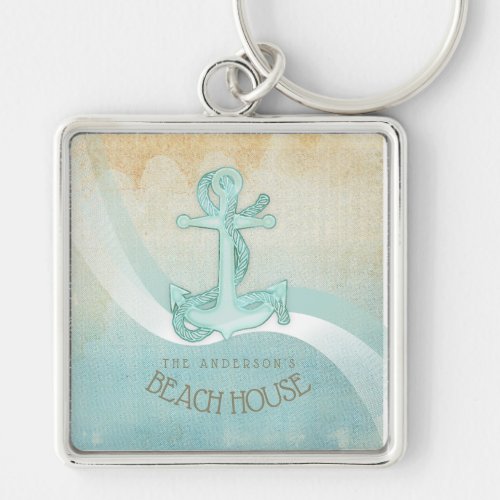 Beach House Nautical Anchor and Rope Aqua ID623 Keychain