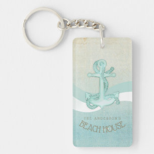 Beach House Nautical Anchor and Rope Aqua ID623 Keychain
