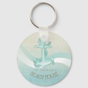 Beach House Nautical Anchor and Rope Aqua ID623 Keychain
