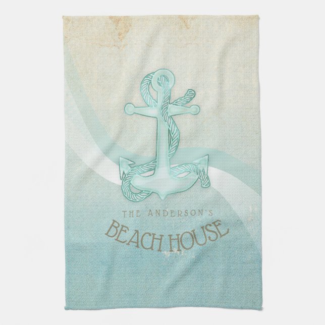 Beach House Nautical Anchor and Rope Aqua ID623 Kitchen Towel (Vertical)