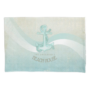 Beach House Nautical Anchor and Rope Aqua ID623 Pillow Case