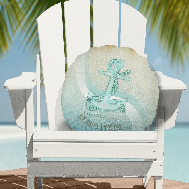 Beach House Nautical Anchor and Rope Aqua ID623 Round Pillow (Creator Uploaded)