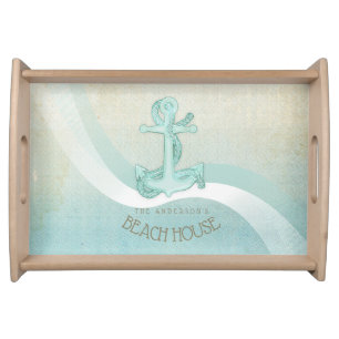 Beach House Nautical Anchor and Rope Aqua ID623 Serving Tray