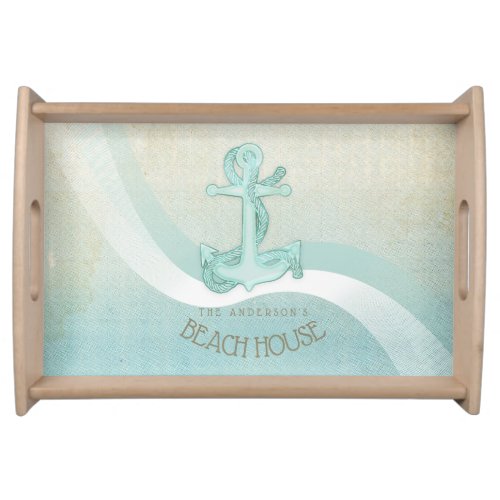 Beach House Nautical Anchor and Rope Aqua ID623 Serving Tray