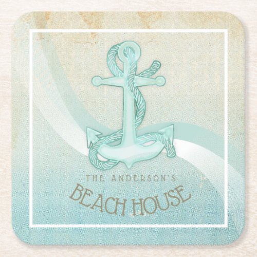 Beach House Nautical Anchor and Rope Aqua ID623 Square Paper Coaster