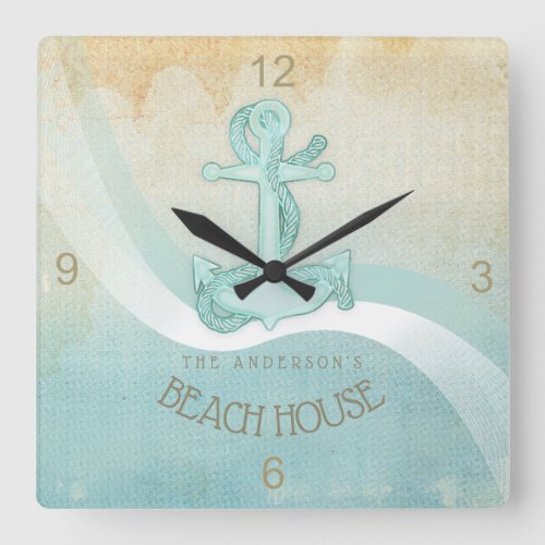 Beach House Nautical Anchor and Rope Aqua ID623 Square Wall Clock