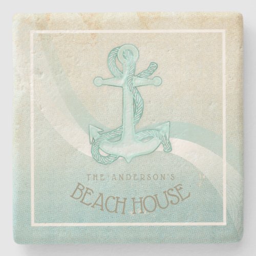 Beach House Nautical Anchor and Rope Aqua ID623 Stone Coaster