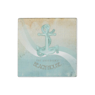 Beach House Nautical Anchor and Rope Aqua ID623 Stone Magnet