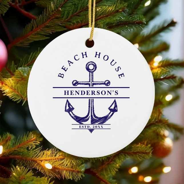 Beach House Nautical Anchor Blue Ceramic Ornament (Creator Uploaded)