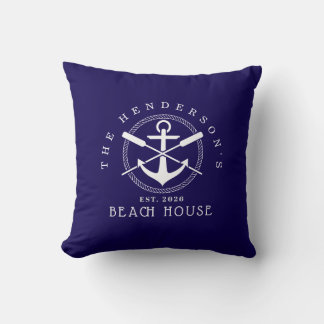 Beach House Nautical Anchor Blue décor Vacation Throw Pillow