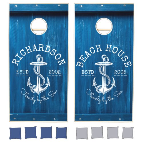 Beach House Nautical Anchor Blue Painted Wood Cornhole Set