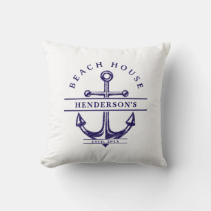 Beach House Nautical Anchor Blue Throw Pillow