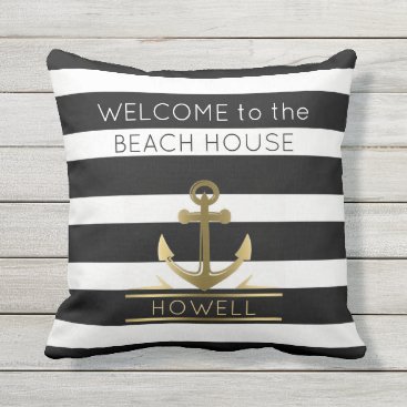 Beach House Nautical Anchor Family Name B&W Stripe Outdoor Pillow Beach House Nautical Anchor Family Name B&W Stripe Outdoor Pillow