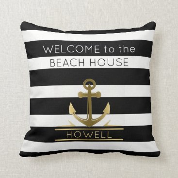 Beach House Nautical Anchor Family Name B&W Stripe Throw Pillow Beach House Nautical Anchor Family Name B&W Stripe Throw Pillow