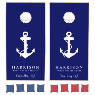 Beach House Nautical Anchor Navy Family Name Cornhole Set