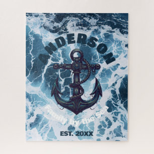 Beach House Nautical Anchor Ocean Wave Personalize Jigsaw Puzzle