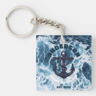Beach House Nautical Anchor Ocean Wave Personalize Keychain