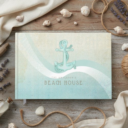 Beach House Nautical Anchor &amp; Rope Aqua Blue ID623 Guest Book