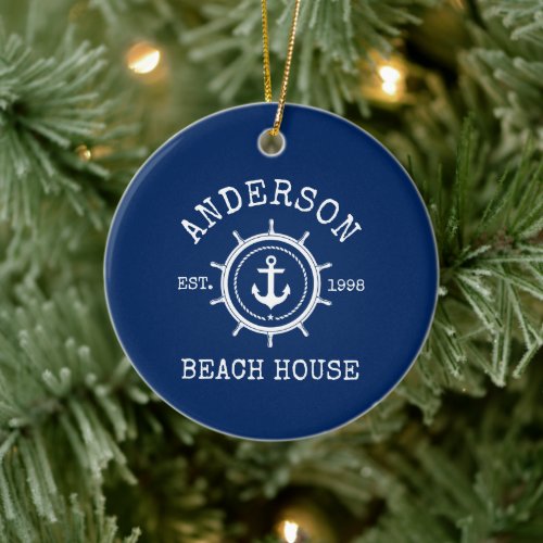 Beach House Nautical Anchor Rope Helm Blue Ceramic Ornament