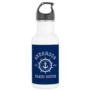 Beach House Nautical Anchor Rope Helm Blue Stainless Steel Water Bottle