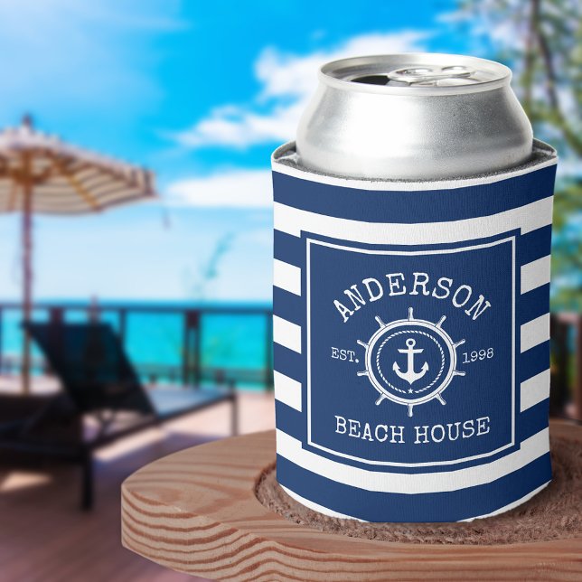 Beach House Nautical Anchor Rope Helm Blue Striped Can Cooler (Customize to change text size or text style.)